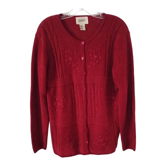 Jenny Cardigan Sweater Women  Medium Burgundy Floral Embroider Beads  Soft - Picture 1 of 10